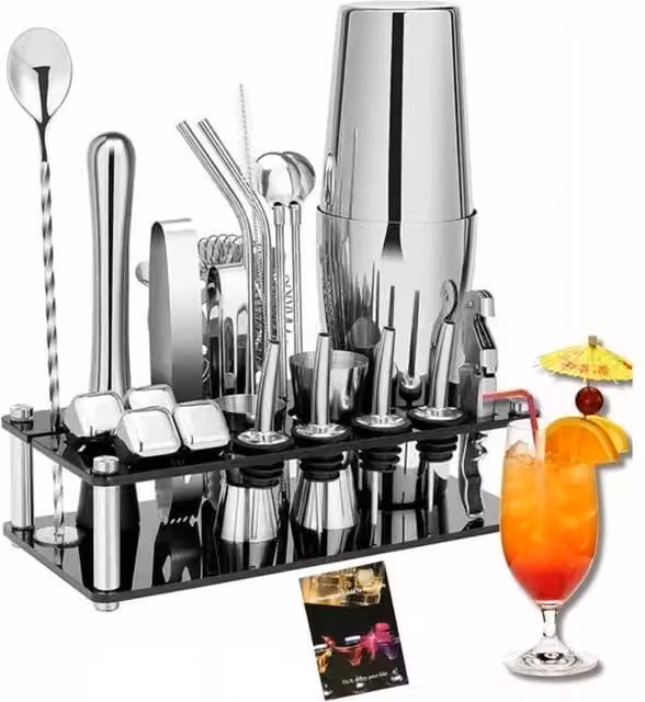 Nordara 23 Piece Stainless Steel and Acrylic Cocktail Making Bar Tools Gift Set in Silver with 750ml Shaker