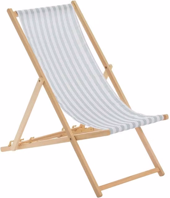 Harbour Housewares Folding Wooden Deck Chair in Grey Striped UV-Resistant Polyester and Treated Beech Wood