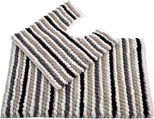 Allure Bath Fashions Striped Chunky Bobble Two Piece Bath Mat and Toilet Mat Set in Grey, Black and White