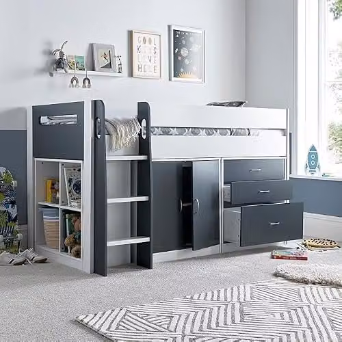 Bedmaster Lacy Kids Mid Sleeper Storage Bed with Mattress in Grey and White, W/D/H: 190 x 90 x 117 cm