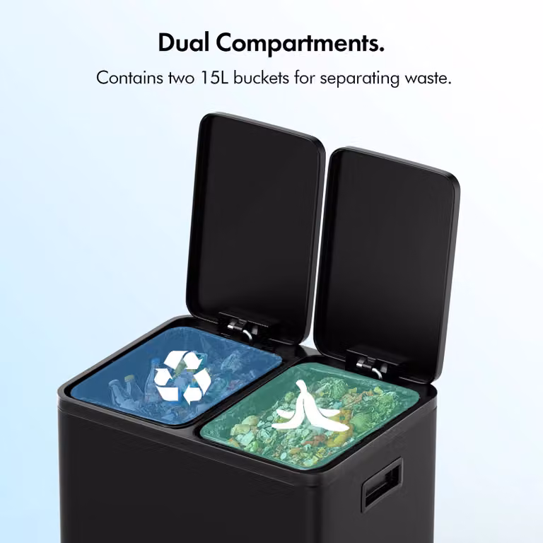 VonHaus 30L Kitchen Waste and Recycling Bin with 2 x 15L Compartments in Metallic Silver