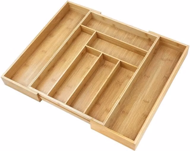 Kelvenix XLarge Bamboo Extending Cutlery Drawer Organiser with Compartments in Brown