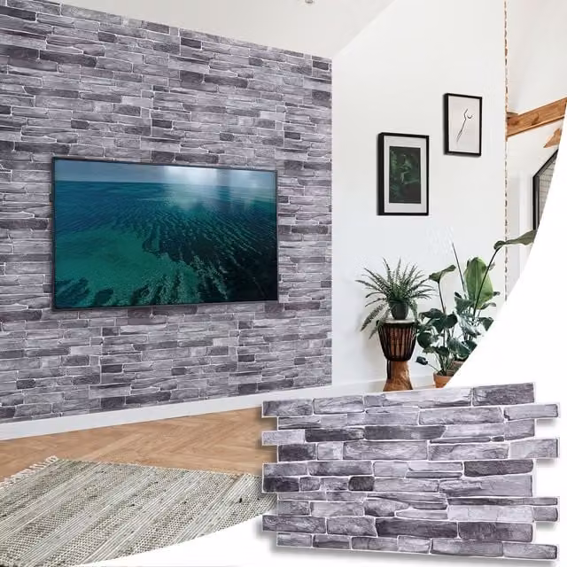 NOVECRAFTO 3D PVC Wall Panels in Silver Grey Stone Slate Effect, W: 96 cm, H: 48 cm