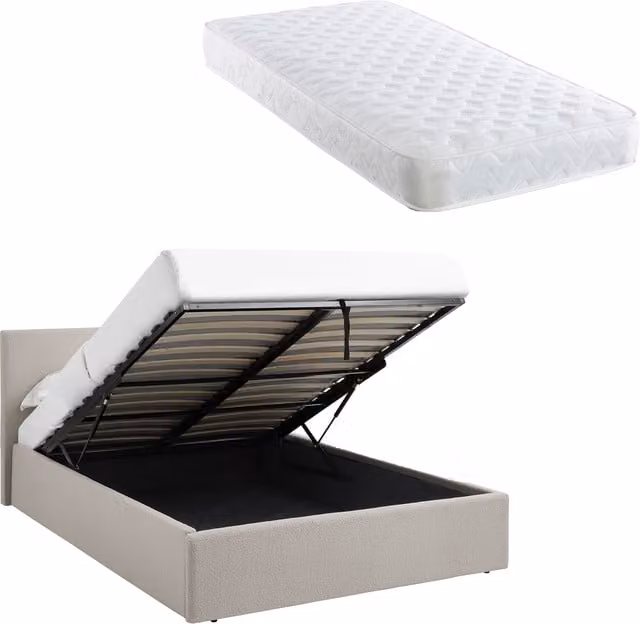 TEDDY BOUCLE Double Ottoman Bed with Sprung Mattress in Beige Boucle Fabric, W/D: 140 x 200 cm
