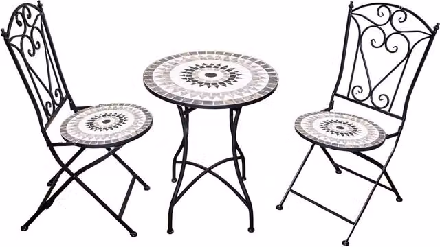 Shatchi Mediterranean Mosaic Bistro Set with Ceramic Round Table and 3 Folding Chairs in Black and Multicolour