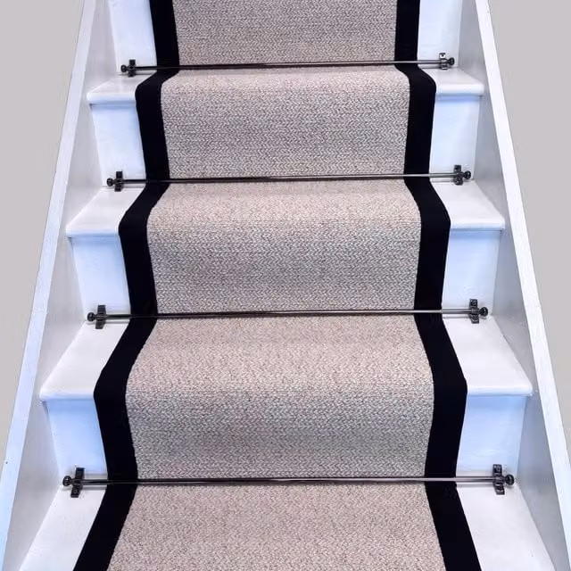 RainbowHome Keswick Cream Fleck Weave Stair Runner with Black Cotton Border in Beige, W: 70 cm x L: 600 cm