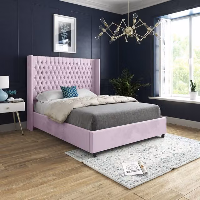 Serenova Soft Velvet Upholstered Straight Winged Bed Frame in Pink, W/D/H: 200 x 200 cm