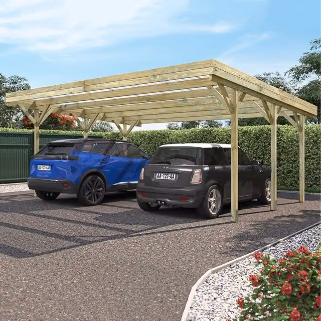 Cerland Jean Double Pent Carport in Brown with Wood and Polycarbonate Roof and Concrete-In Feet Supports