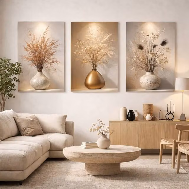 Mafett Serene Dried Botanicals 3 Panel Canvas Wall Art in Beige, W: 60.96 cm x H: 81.28 cm