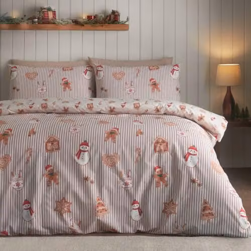 Catherine Lansfield Christmas Gingerbread Stripe Reversible King Duvet Cover Set in Natural/Beige