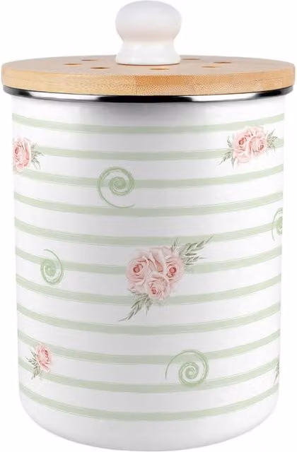 Purely Home Roses, Swirls & Stripes Food Waste Caddy - 2L Metal Decorative Kitchen Compost Bin with Removable Inner Bucket and Odour Filter - Green, White and Pink