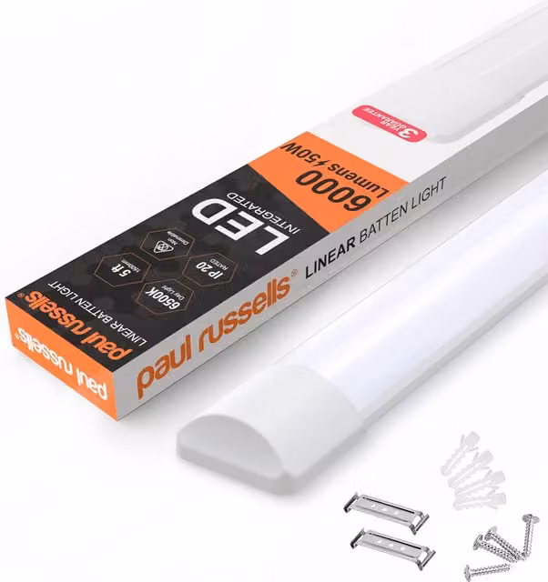 Paul Russells 5 Foot Slim LED Batten Light, 50W, 6000lm, 6500K Daylight, White, IP20