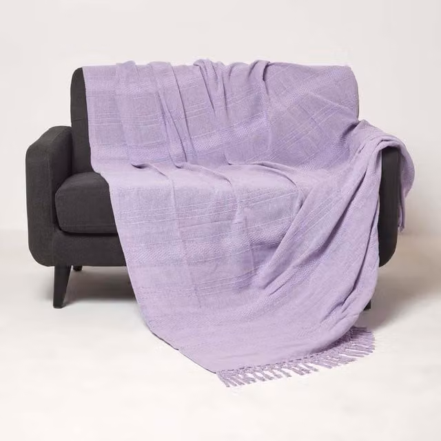 Homescapes Kashi Woven Cotton Throw with Fringes, Purple, W: 360 cm x D: 255 cm