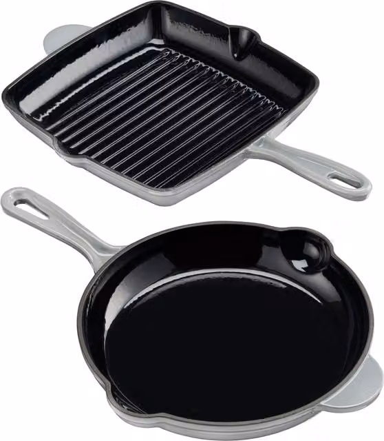 Cooks Professional 2 Piece Enamelled Cast Iron Frying Pan and Skillet Set in Grey