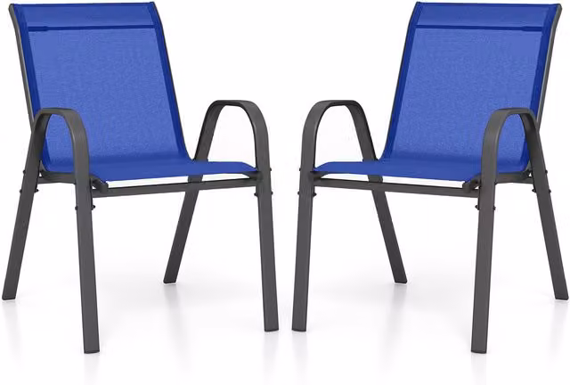 Costway Set of 2 Blue Breathable Textilene Fabric Lawn Chairs with Armrests and Powder Coated Steel Frame