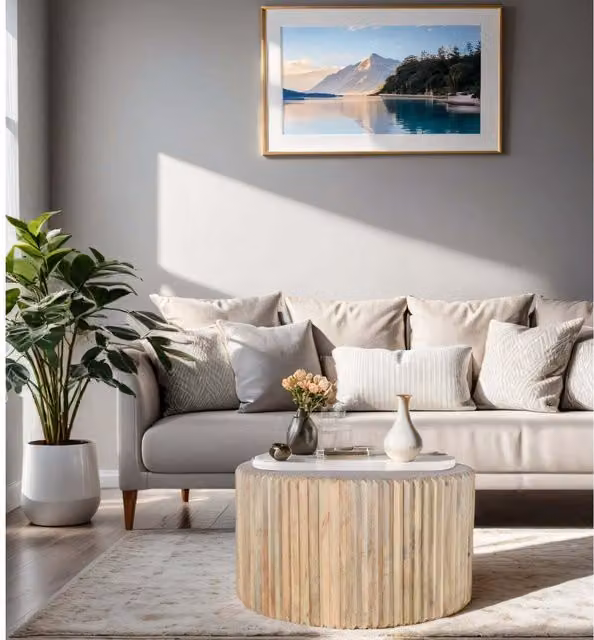 IH Design Paloma Round Mango Wood Coffee Table in Brown and Beige