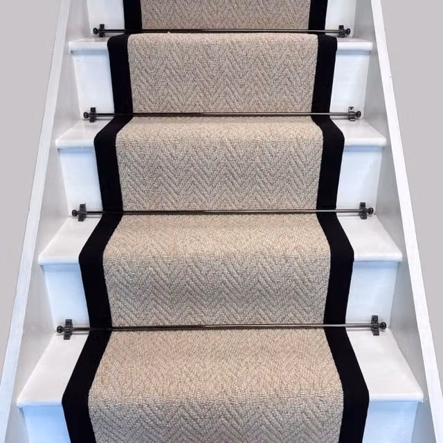 RainbowHome Keswick Herringbone Stair Runner in Cream Fleck with Black Cotton Border, Beige, W: 50 cm, L: 650 cm