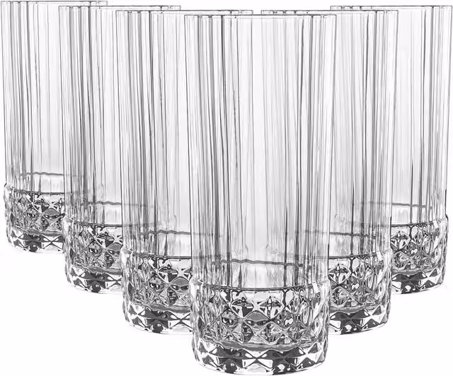 Bormioli Rocco America 20s Geometric Highball Tumbler Glasses, Clear, 400ml, Pack of 6