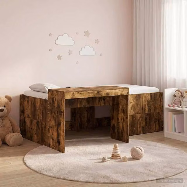 Berkfield Home Kids High Bed Frame with Desk in Smoked Oak Brown, W/D/H: 80 x 200 cm