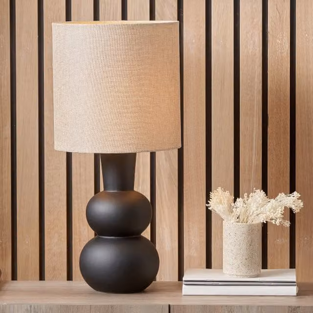 Pacific Lifestyle Modern Black Ceramic Table Lamp with Beige Fabric Cylinder Shade
