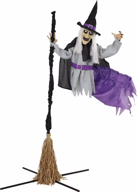HOMCOM Life Size Animated Flying Witch Halloween Decoration, Multicolour, Height: 200 cm