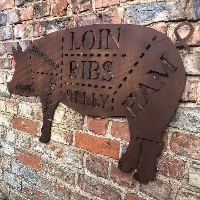 RW NORFOLK Butchers Pig Rusty Metal Wall Decoration, Brown