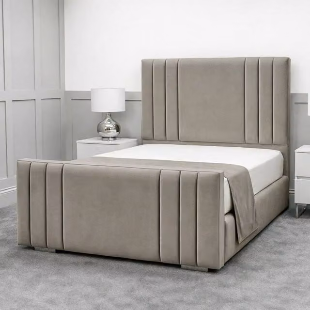 Living Comfort Bedz Canberra Double Plush Velvet Upholstered Bed with Slatted Base and 48 Inch Headboard in Light Grey