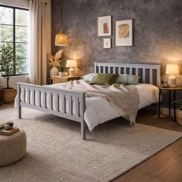 Aspire Langley Solid Wood Slatted Bed Frame in Grey or White, W/D/H: 140 x 200 cm