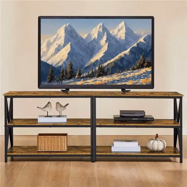Yaheetech 3 Tier Industrial TV Stand Console Table in Brown with Wood and Metal Media Compartments