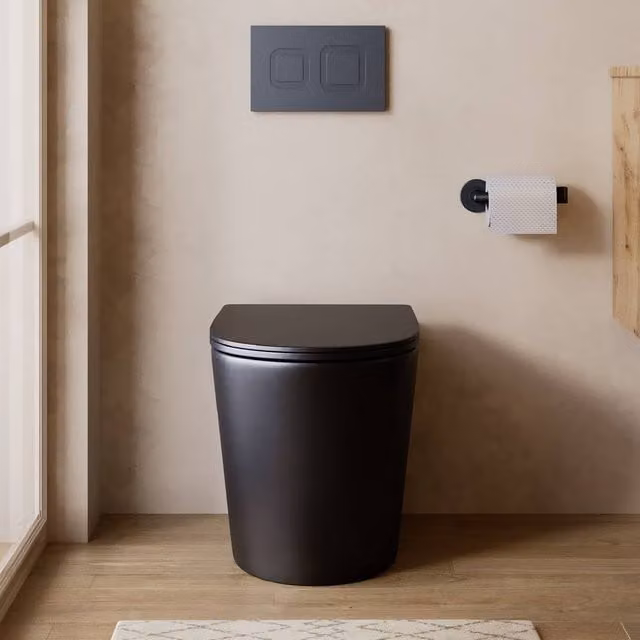 Banyetti Scene Rimless Back to Wall Floor Standing Ceramic Toilet with Soft Close Seat in Matt Black, W/D/H: 36 x 56 x 40 cm