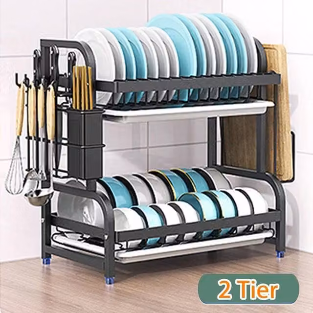 Hinsinc 2 Tier Black Metal Dish Drying Rack and Storage Drainer