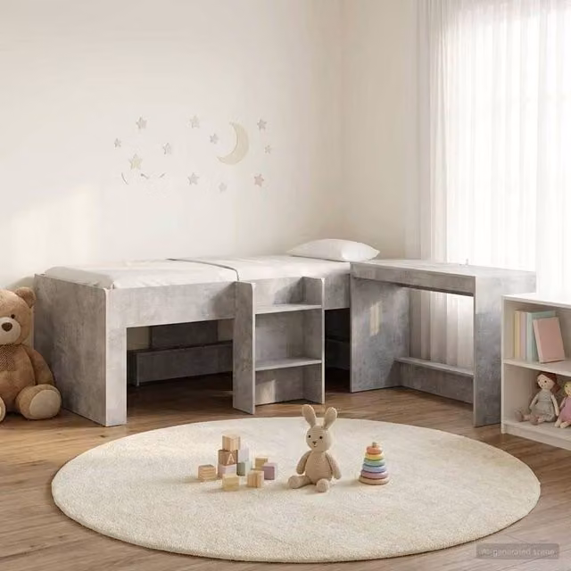 Berkfield Home Kids High Bed Frame with Desk in Concrete Grey, W: 75 cm, L: 190 cm