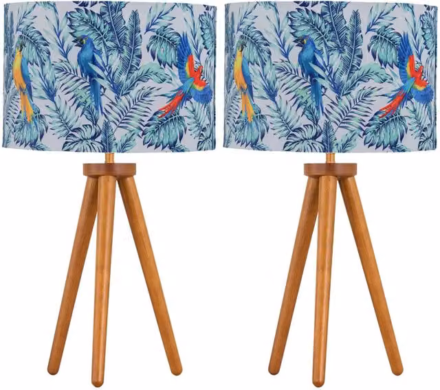 First Choice Lighting Set of 2 Brown Wood Table Lamps with Multicolour Fabric Cylinder Shades