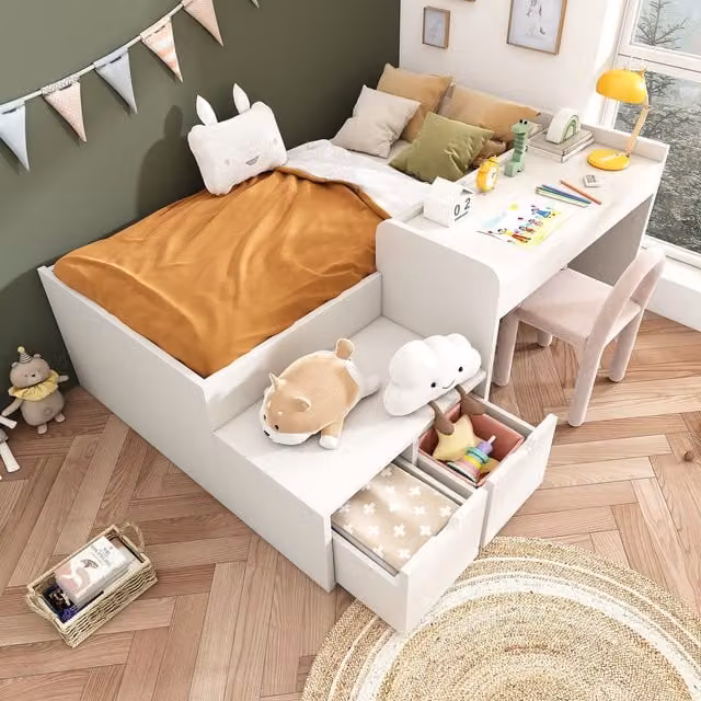 Aosom Kids Single Bed with Desk and Storage Drawers in White, Solid Wood Bed Frame, L x W x H: 195 x 137 x 82.5 cm