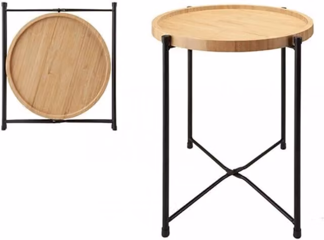 MantraRaj Round Bamboo Side Table and Tray with Folding Top in Black and Brown