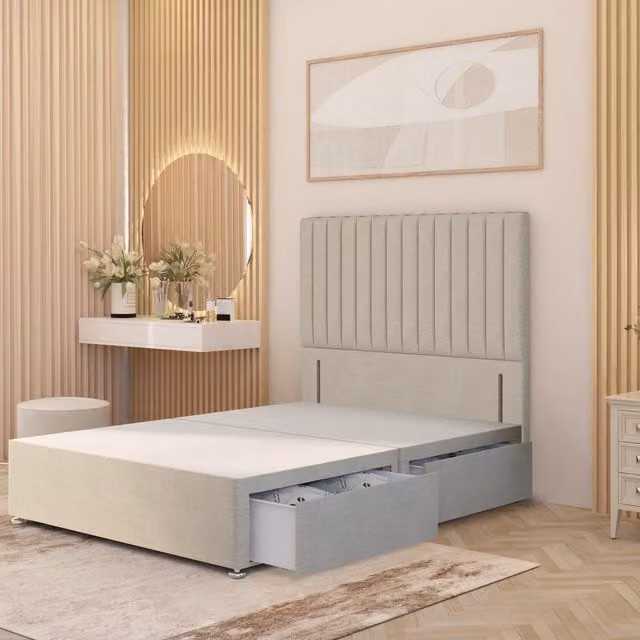 Somnior Beds Ltd Verona Divan Bed Base with 4 Drawers and Upholstered Frame in Beige and Yellow Fabric, W/D/H: 120 x 200 cm