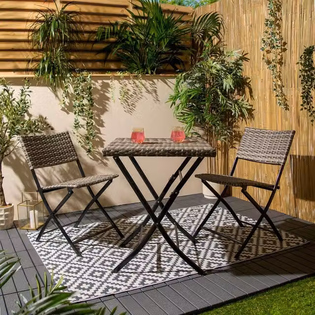 OHS Grey Rattan Bistro Chair and Table Garden Set with Powder Coated Steel X-Frame