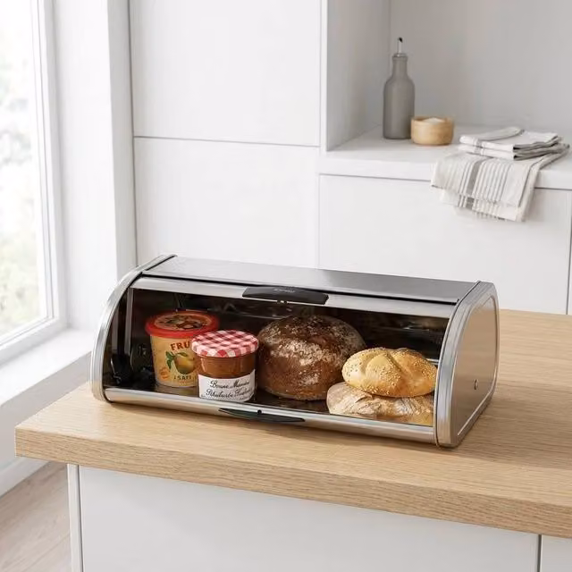 FLAVORA Stainless Steel Bread Bin in Silver with Roll Front Design