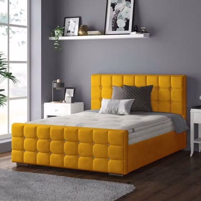IH Design Cube Chesterfield Plush Velvet Bed Frame with Diamond Details in Yellow, W/D/H: 180 x 200 cm
