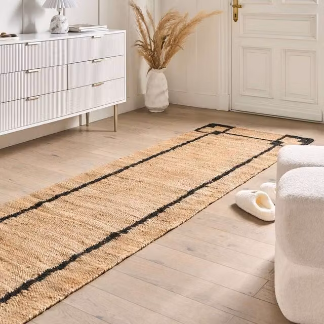 Wyld Haus Beige and Black Handwoven Jute and Cotton Boho Rectangular Runner Rug W: 80 cm, L: 300 cm