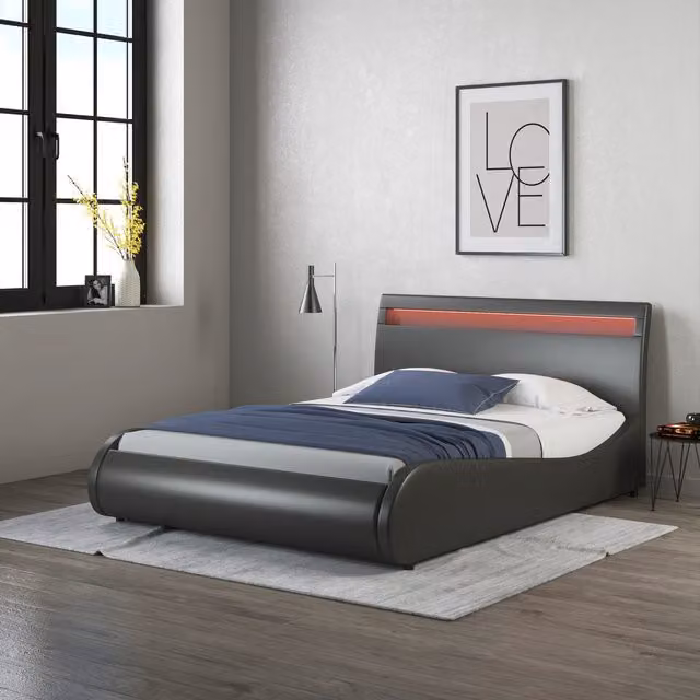 SlumberWorx Orion LED Lights Upholstered Faux Leather Bed Frame with Under Bed Lighting, Black, W/D/H: 120 x 200 cm