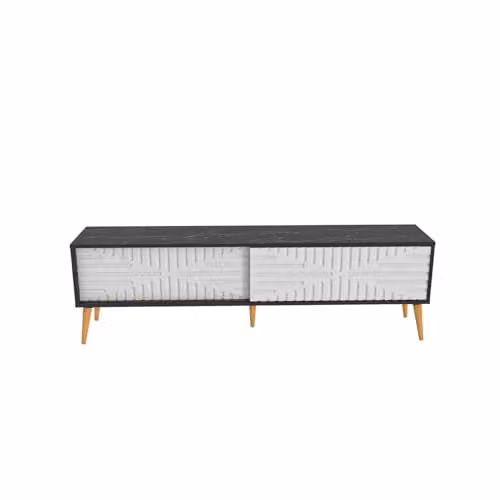 DECOROTIKA Riso Modern TV Stand with Sliding MDF Doors and Solid Wood Legs in Black Marble Effect, W: 180 cm, D: 35 cm, H: 54 cm