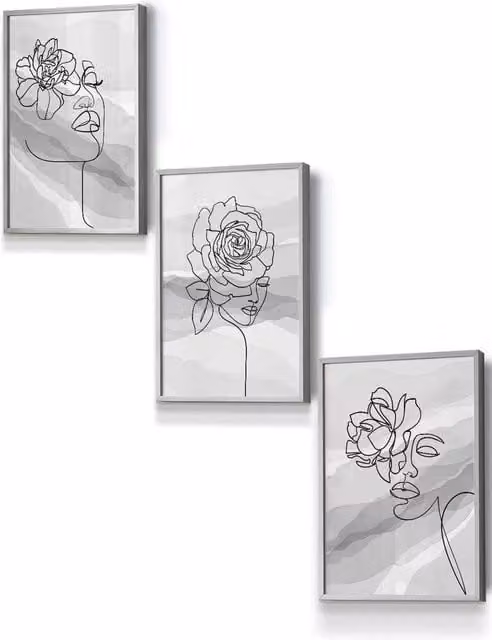 ARTZE Set of 3 Grey Framed Abstract Botanical Female Line Art Portraits, W: 33 cm, H: 45 cm, D: 2 cm
