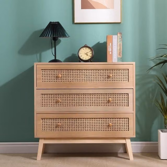 Spot On Dealz Rattan Bedside Cabinet with 3 Drawers, Modern Slim Nightstand in Beige and Brown with Pine Wood Legs