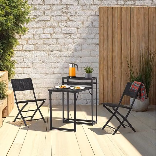 Seconique Modern Black Metal Folding Garden Dining Set with Drop Leaf Rectangular Table