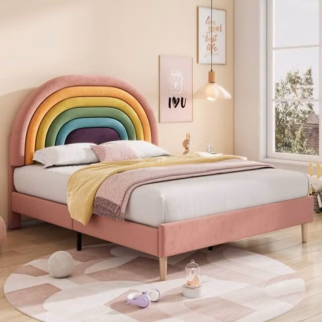 BTM Pink Velvet Upholstered Bed with Adjustable Headboard and Slatted Frame, W/D/H: 90 x 200 x 300 cm