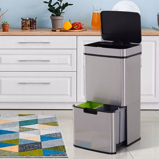 HOMCOM 72L Stainless Steel Motion Sensor Rubbish Bin with 3 Compartments in Silver