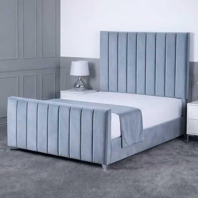 Living Comfort Bedz Empress Plush Velvet Upholstered King Size Bed with Slatted Base and 48 Inch Headboard in Light Blue