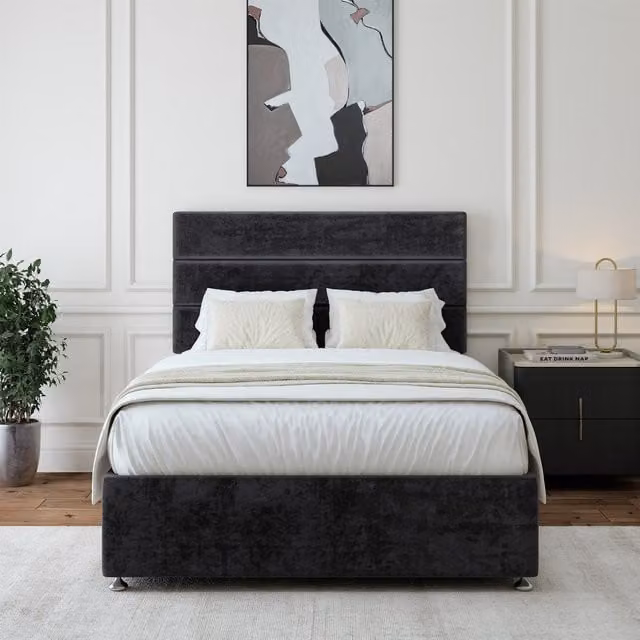 Bedmaster Luxury Velvet Divan Base with Storage Drawers and Lined Headboard in Black, 135cm