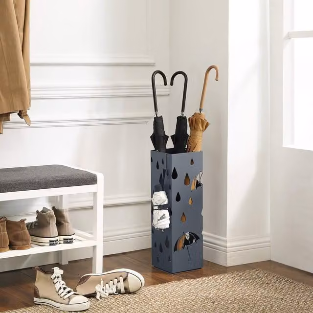 The Bazaarist Metal Umbrella Stand with Hooks and Removable Drip Tray, Anthracite Grey